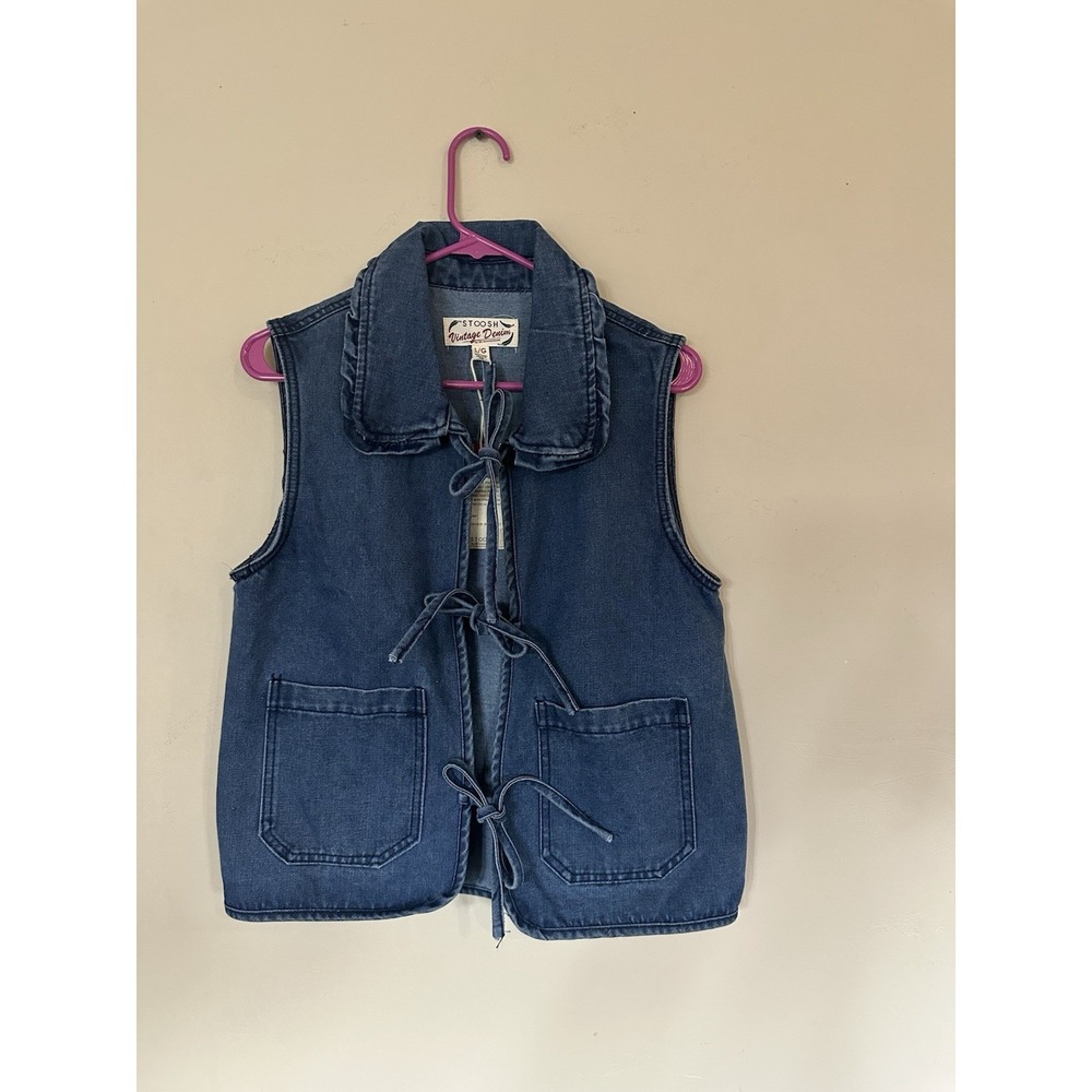Stoosh Blue Collared Pockets Tie Vest Sleeveless Mid-Length L/G Women